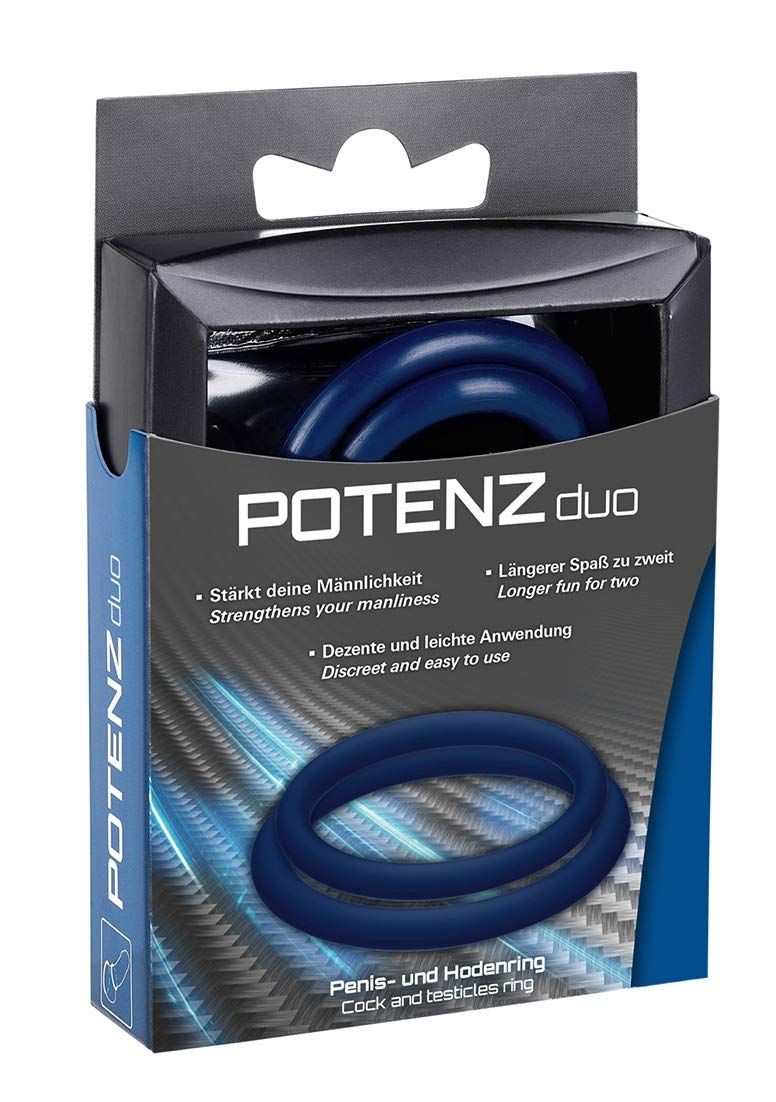 Twee blauwe penis- en balringetjes in een verpakking met de productnaam POTENZ duo.