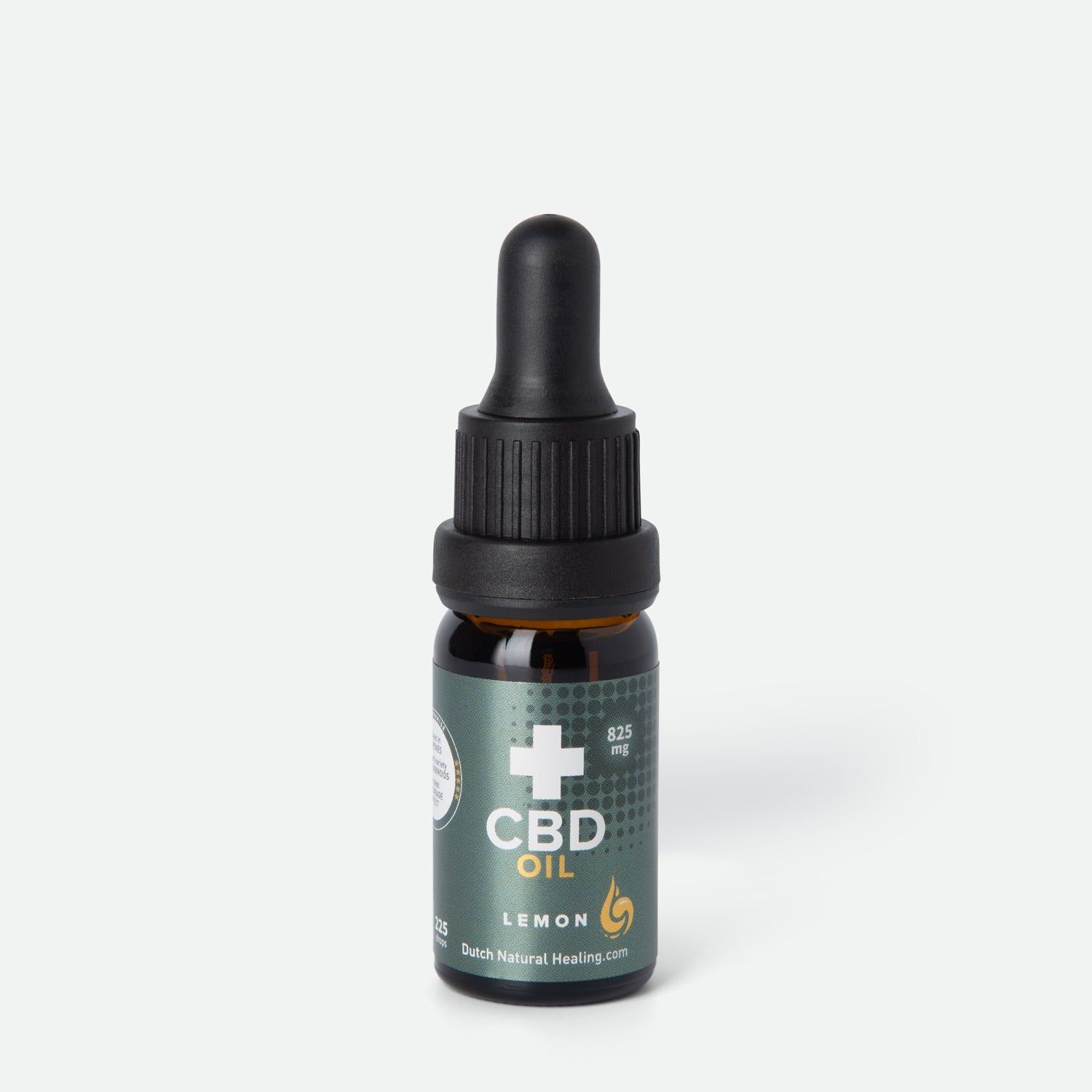 Flacon en verre brun avec compte-gouttes noir. Étiquette "CBD OIL" et "Lemon". Logo et "Dutch Natural Healing".