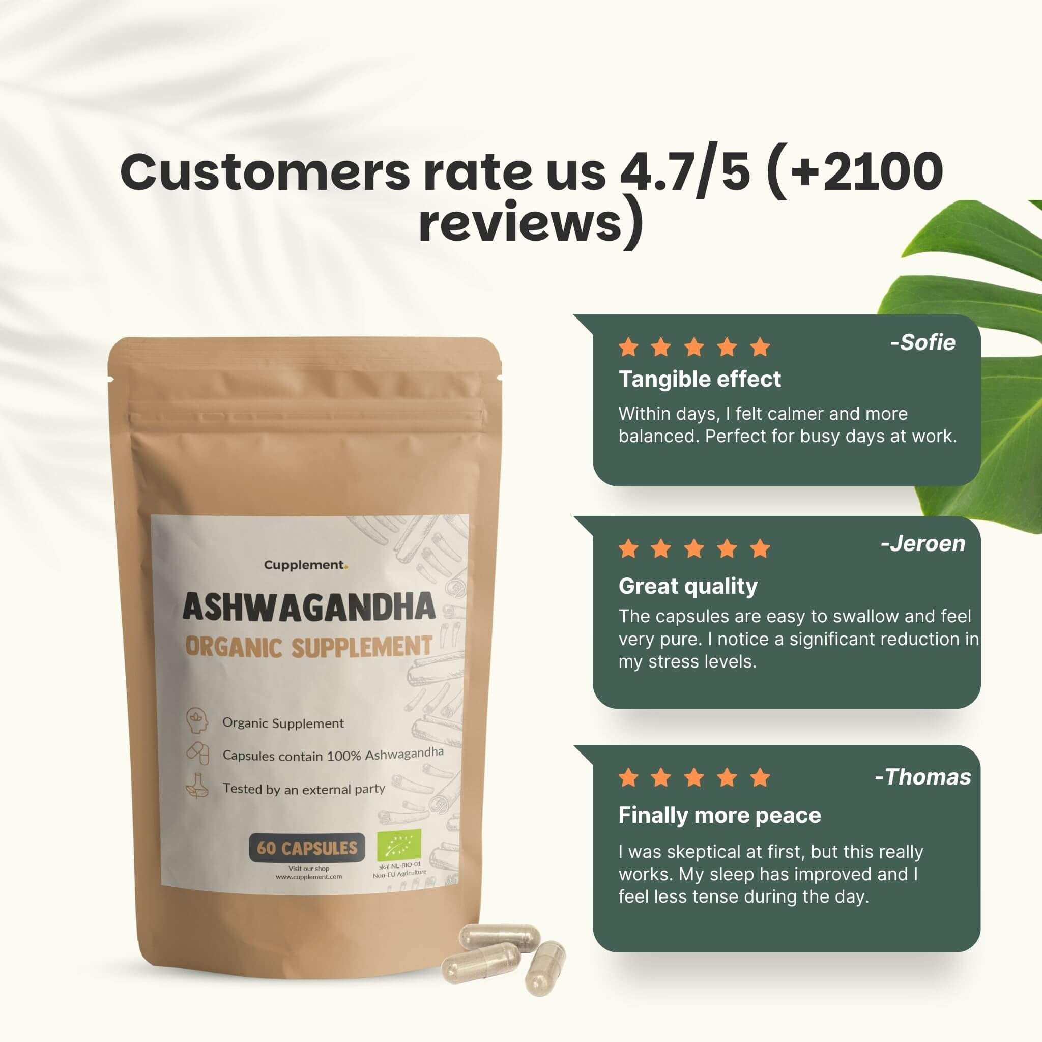 Sachet de gélules d'Ashwagandha. Texte : Ashwagandha Organic Supplement. 60 gélules. Marques jaunes avec texte.