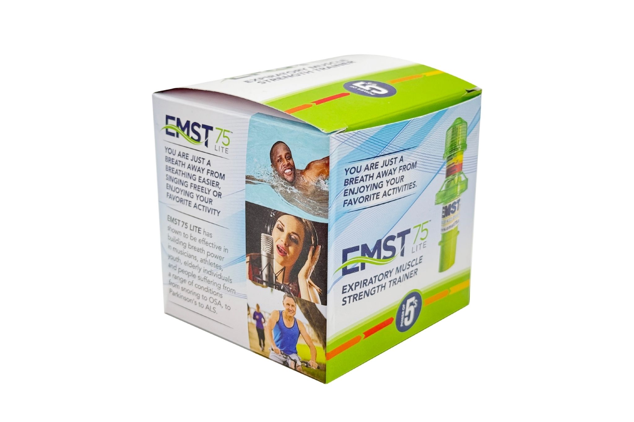 Emballage de l'entraîneur respiratoire Aspire EMST75 avec images du produit et texte.