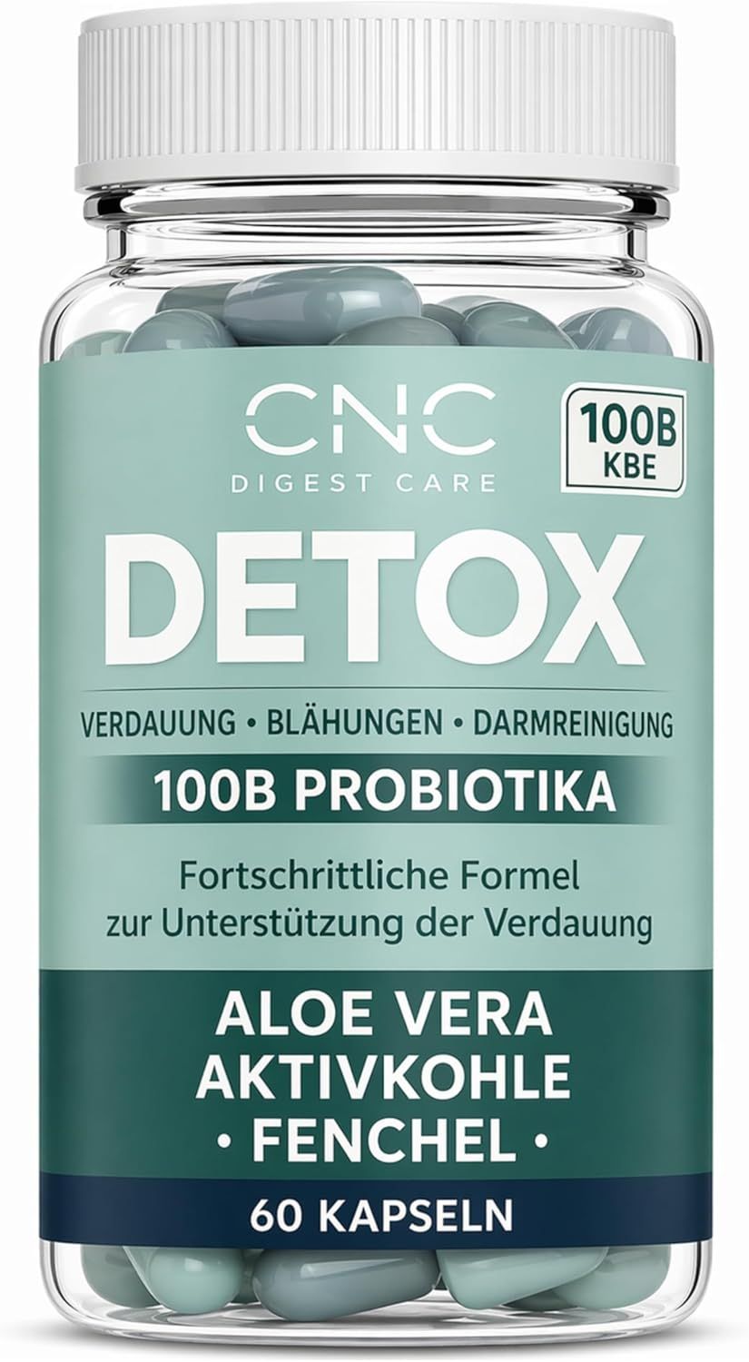 Fles met 60 capsules CNC DETOX, bevat Aloë Vera, actieve kool en venkel.