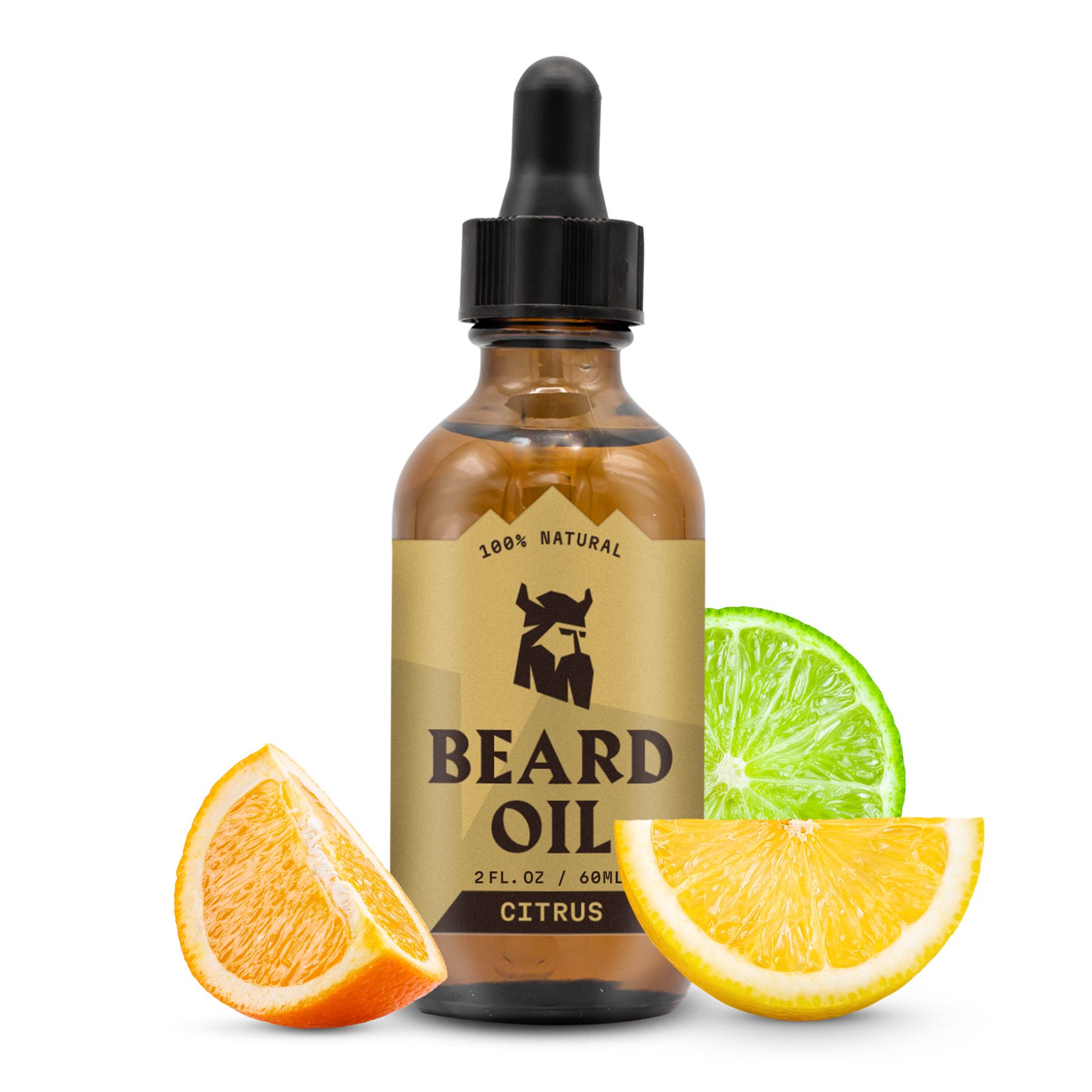 Flacon en verre brun d'huile à barbe avec pipette, entouré de tranches d'orange et de citron vert.