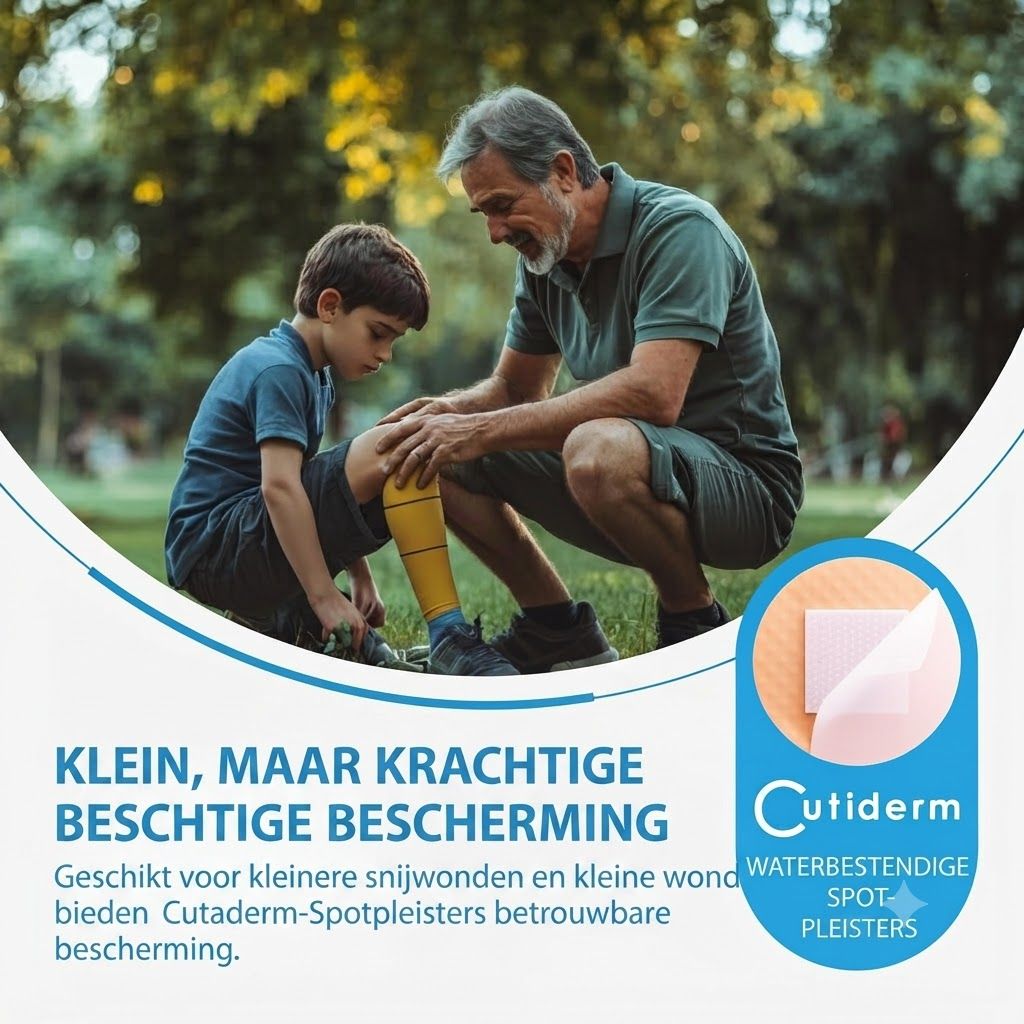 Man verzorgt jongen met pleister op knie. Close-up van waterbestendig Cutiderm Spot-pleister.