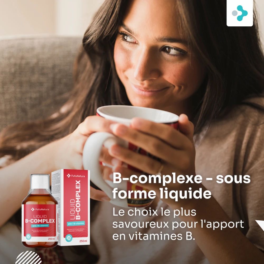 Bouteille et boîte FutuNatura B-complexe liquide avec fruits.