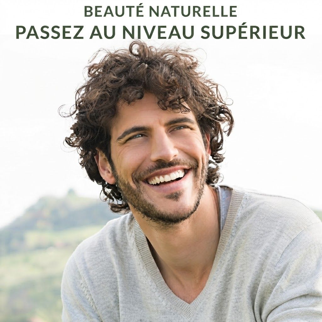 Un homme aux cheveux bouclés sourit vers la droite. Il porte un haut gris à manches longues. Un paysage de collines vertes est visible à l'arrière-plan.