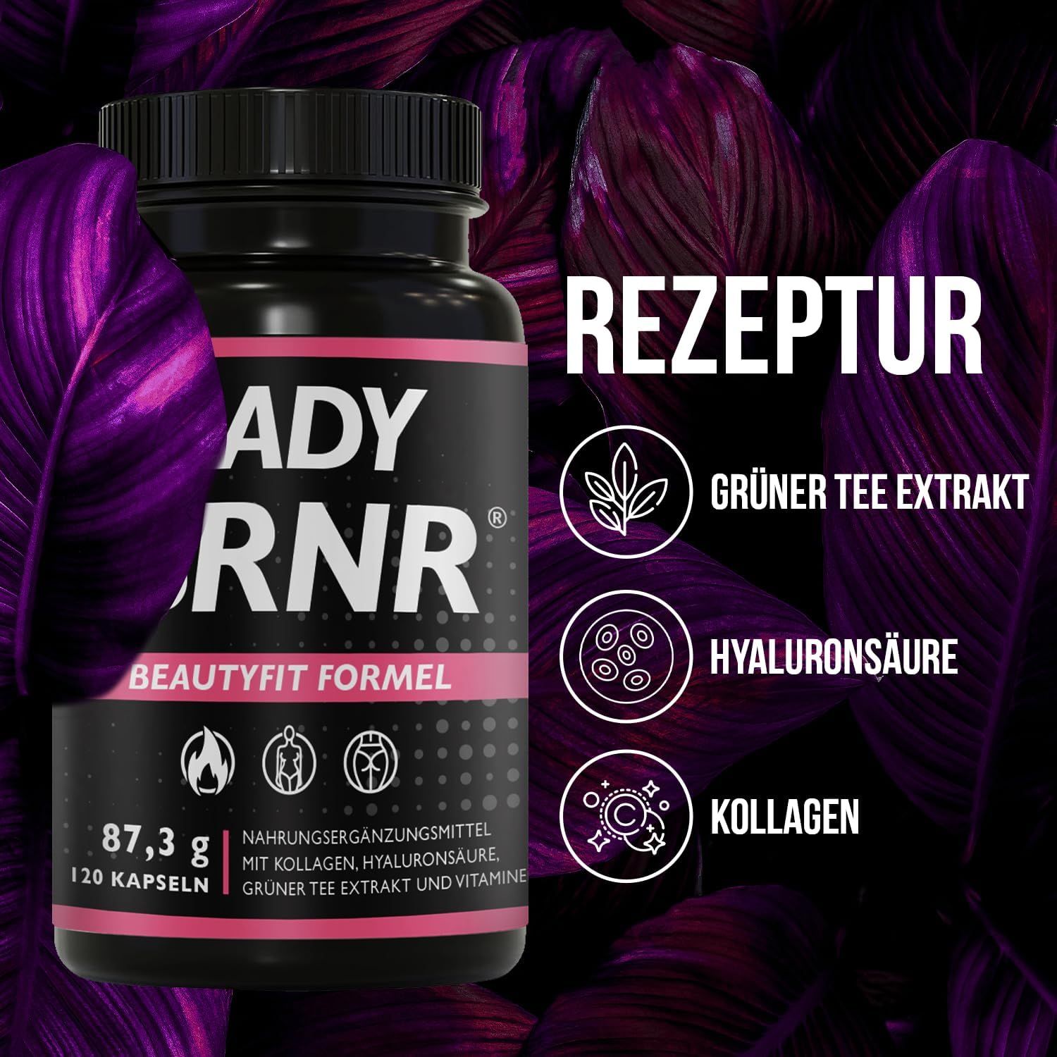 Flacon noir, étiquette rose. Inscription: LADY BRNR, BEAUTYFIT FORMEL, 120 gélules. Ingrédients: collagène, acide hyaluronique, extrait de thé vert.