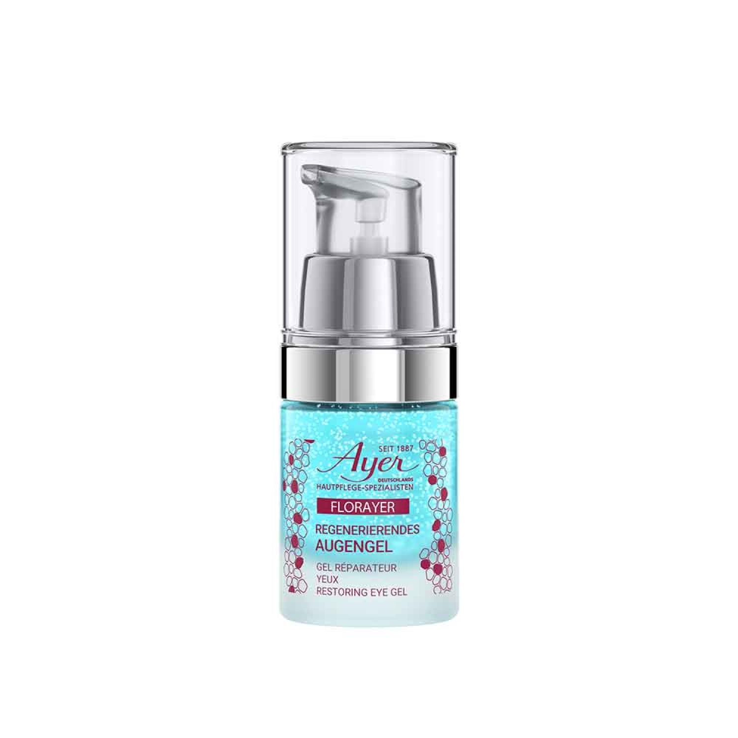 Gel pour les yeux Ayer FlorAyer. Liquide bleu dans flacon en verre avec pompe. Inscription: Gel réparateur yeux.
