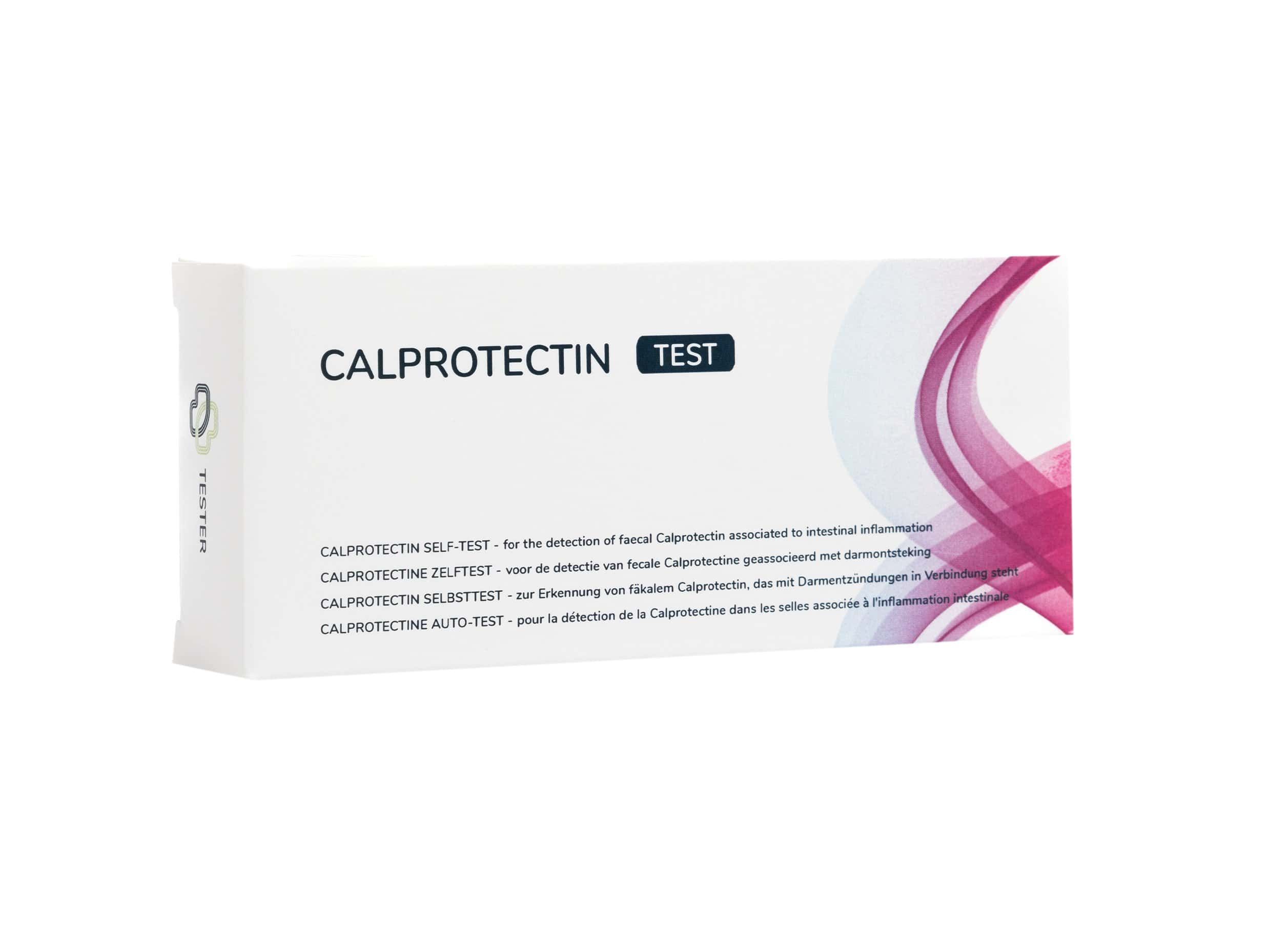 Test Calprotectine : boîte en carton avec informations produit et éléments graphiques.