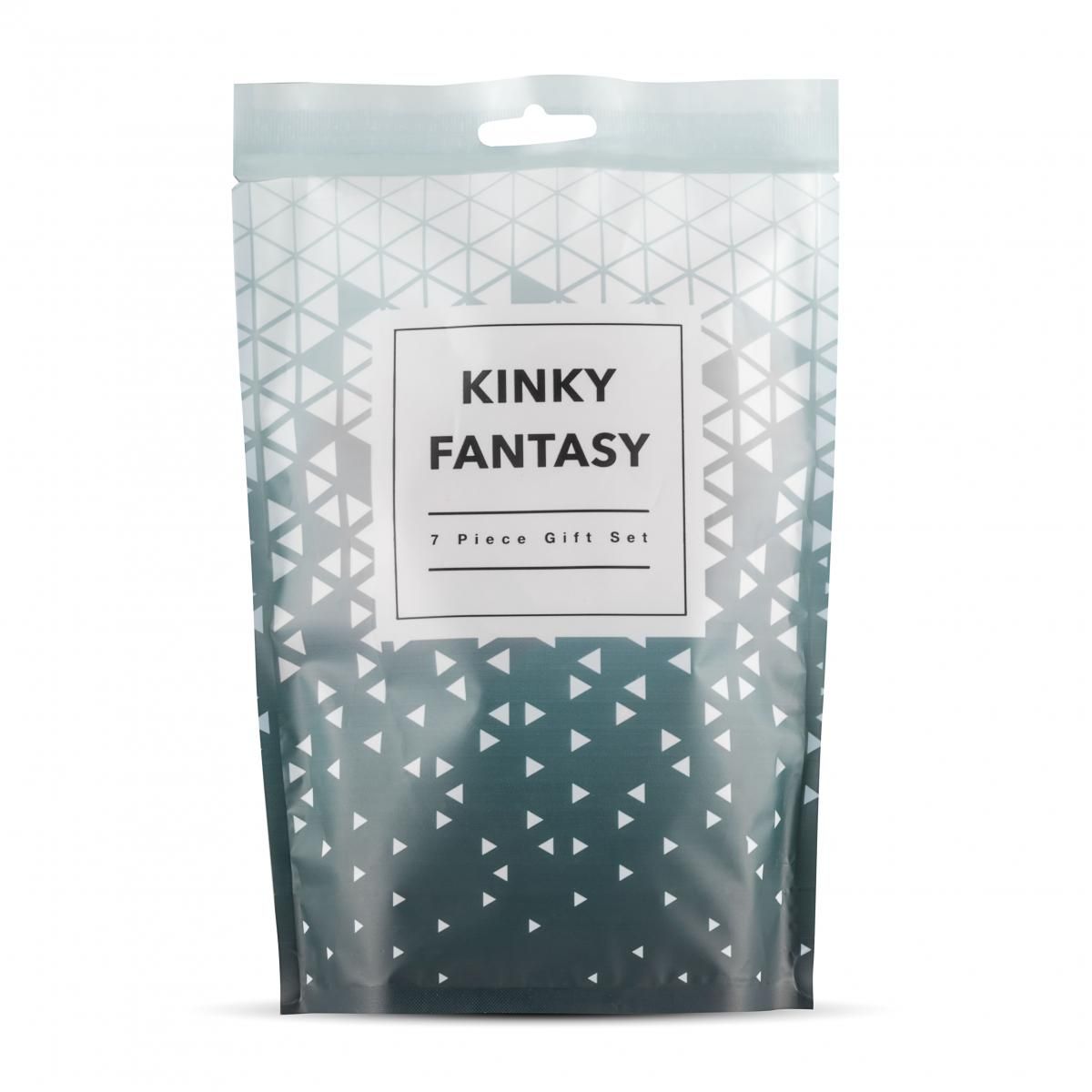 Emballage avec le texte 'KINKY FANTASY 7 Piece Gift Set'. Fond bleu clair avec des triangles blancs.