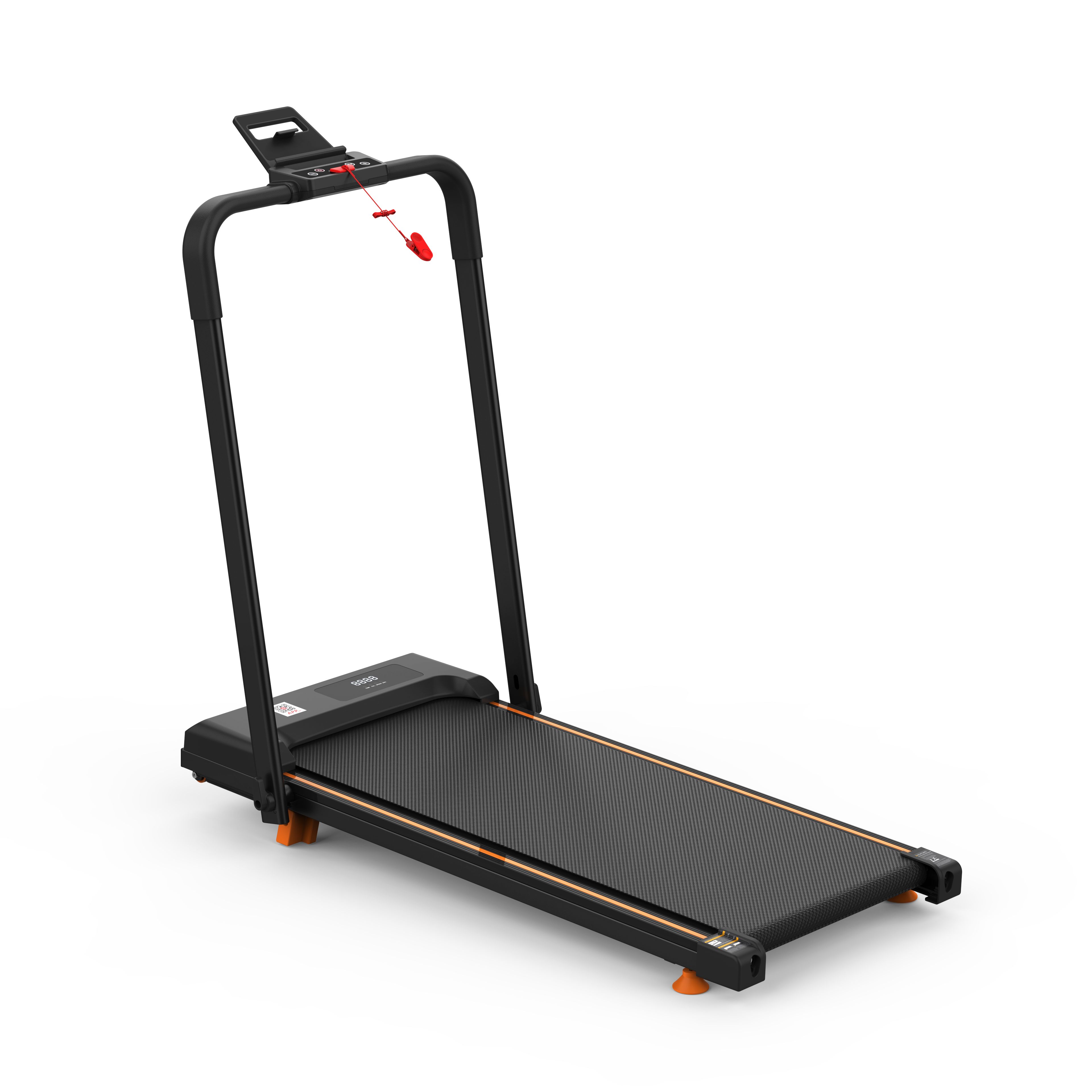 Zwarte loopband met oranje accenten. Met handgreep en bedieningspaneel. Op witte achtergrond.