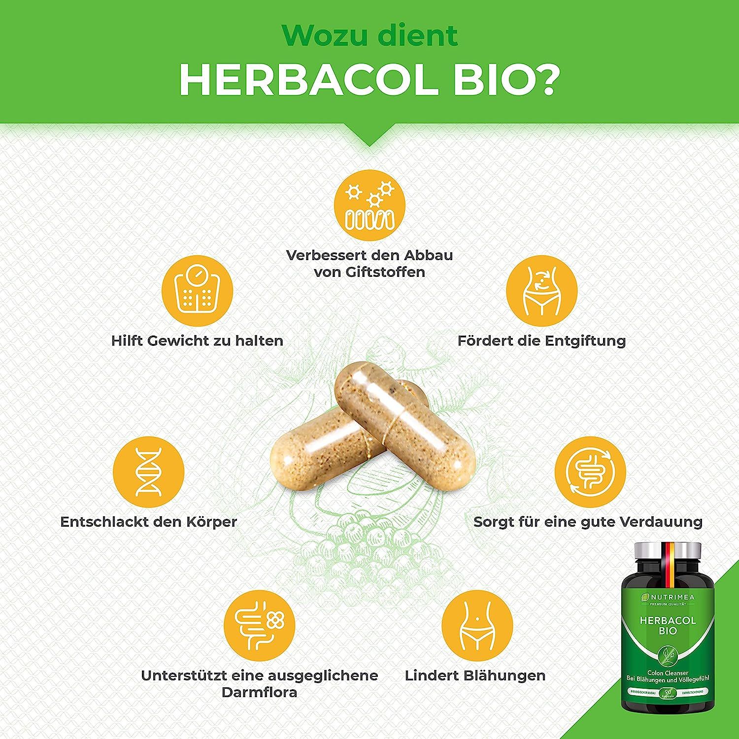 Grafiek met capsules en pictogrammen. HERBACOL BIO, verbetert ontgifting, spijsvertering, darmflora, verlicht een opgeblazen gevoel.