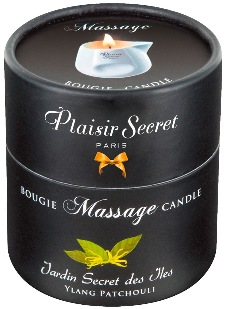 Emballage cylindrique noir avec nom du produit et inscription "Massage Candle". Image de la bougie sur le dessus.