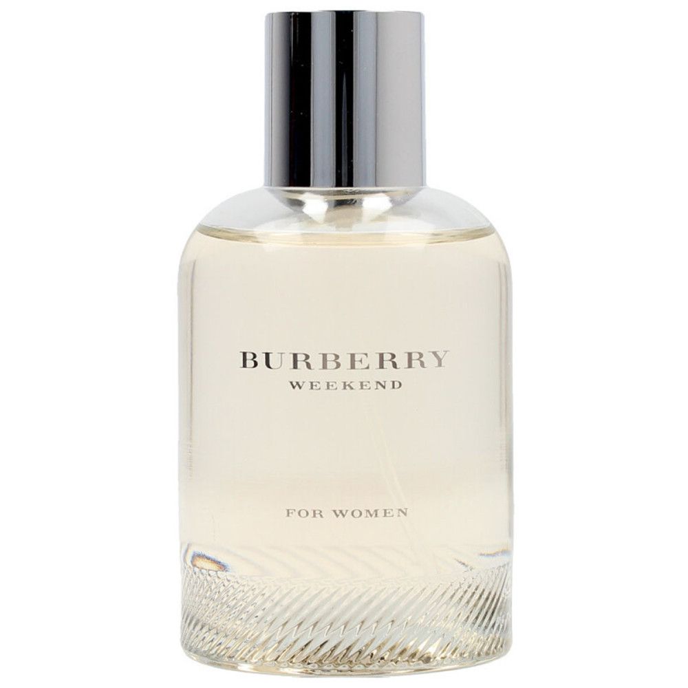 Glazen fles met zilveren dop. Opschrift: BURBERRY WEEKEND FOR WOMEN.