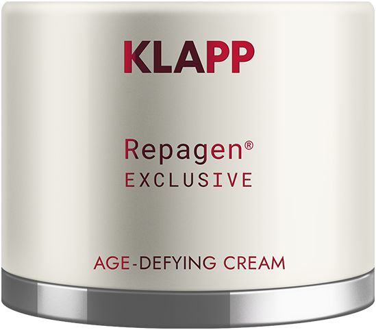 Crèmepot Klapp Repagen Exclusive Global Anti-Age Cream. Opschrift: Klapp, Repagen Exclusive, Age-Defying Cream. Zilveren rand.