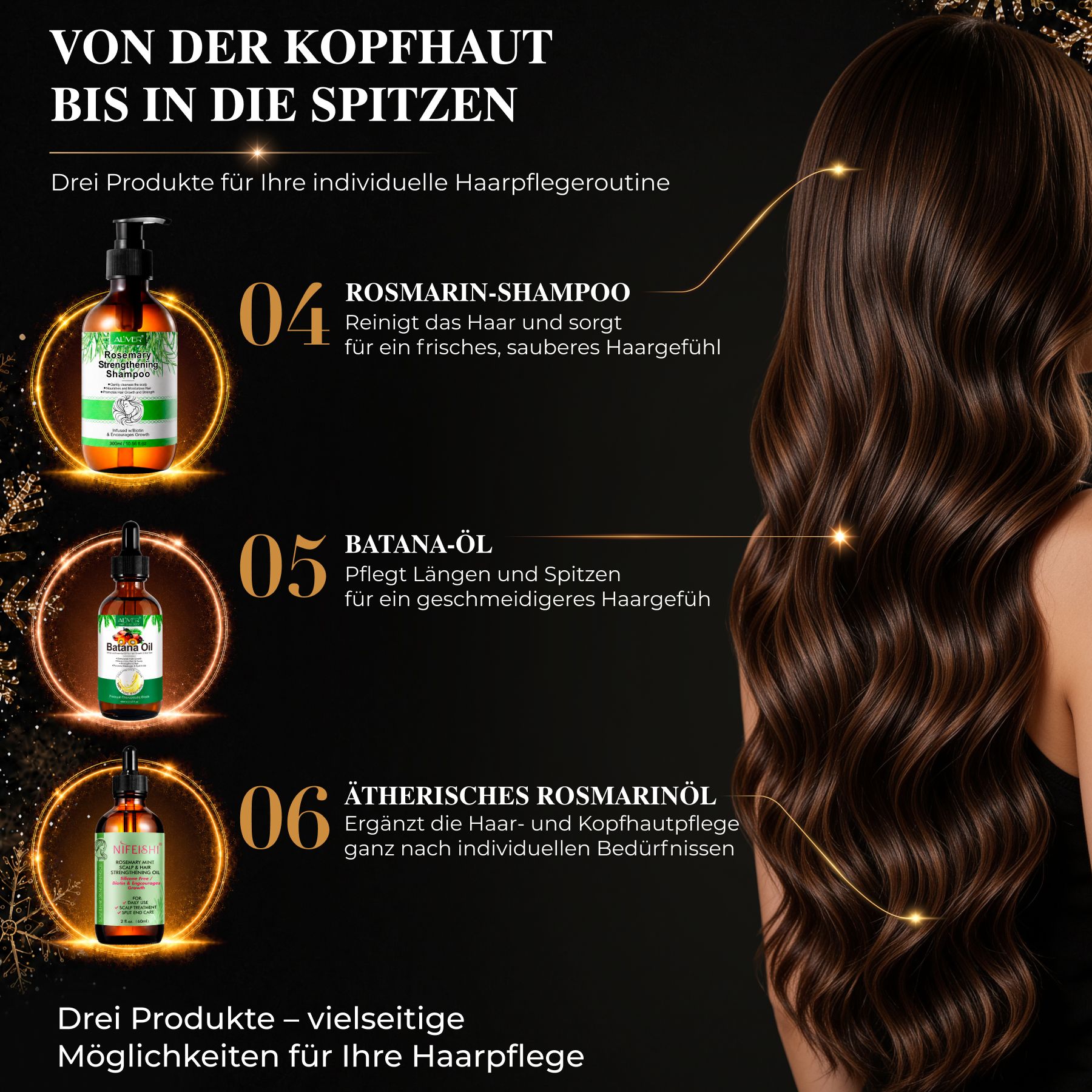 Trois produits de soin capillaire : Shampoing Romarin, Huile Batana et Huile Essentielle de Romarin.