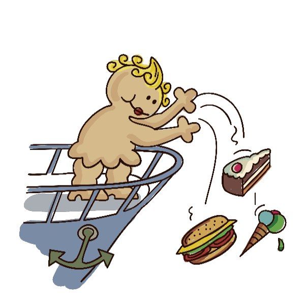 Illustratie: kind gooit eten van een schip. Taart, sandwich en ijs vliegen. Achtergrond wit.