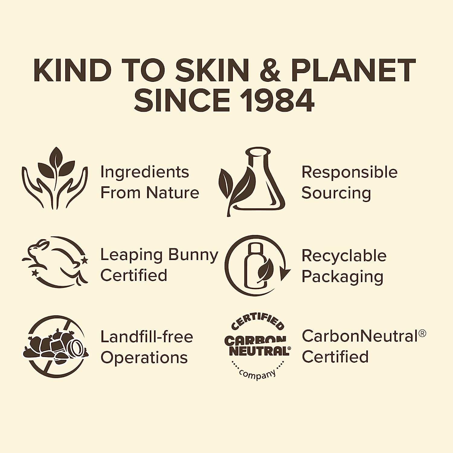 Symbolen: Ingrediënten uit de natuur, verantwoorde inkoop, Leaping Bunny, recyclebare verpakking, etc.