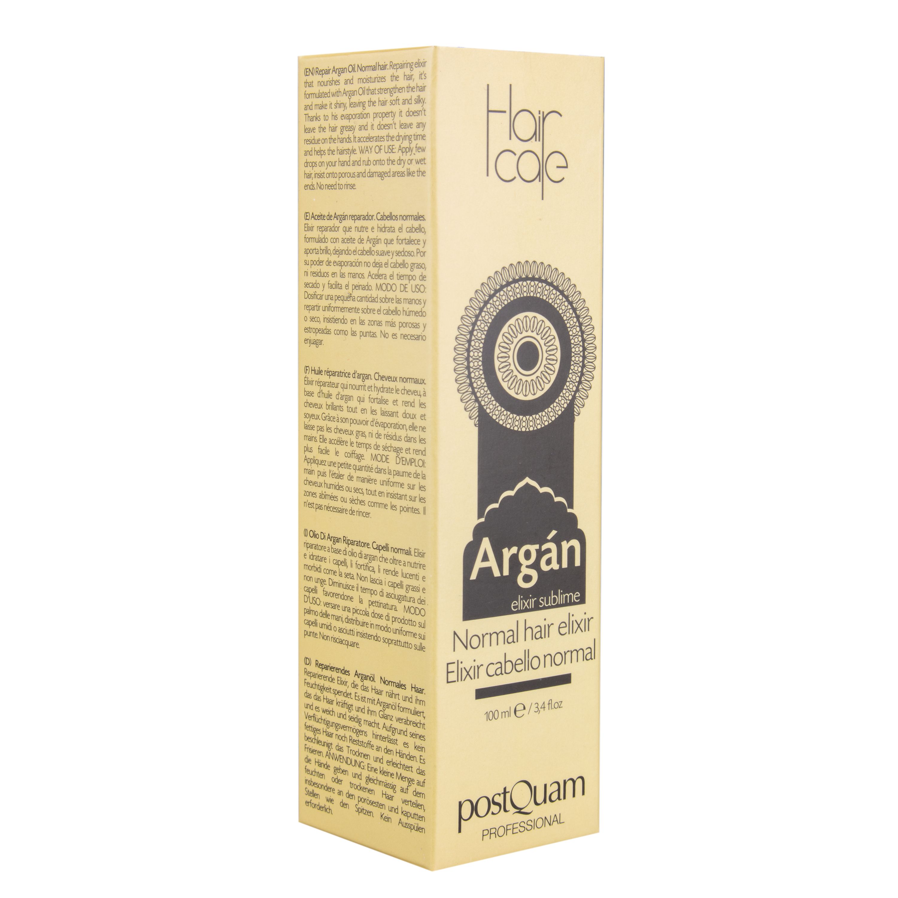 Emballage en carton avec nom du produit et logo. Texte en plusieurs langues. Couleurs beige et marron.