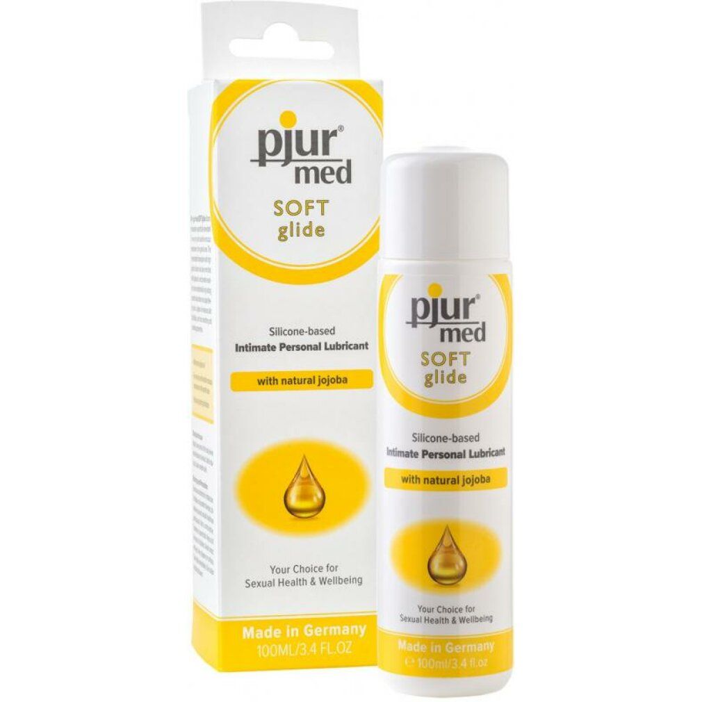 pjur med SOFT glide, siliconen glijmiddel met jojoba. Fles en verpakking. Geel-wit design. Made in Germany.