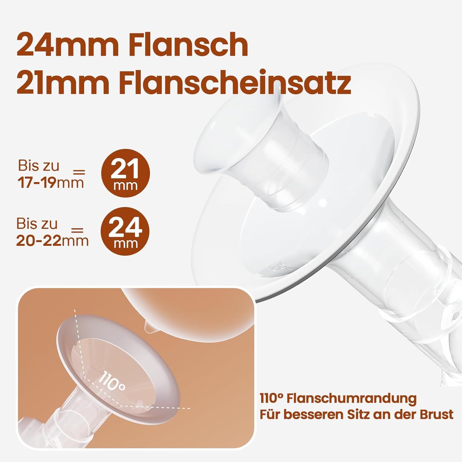 Vue détaillée de la bride de 24 mm et de l'insert de 21 mm du tire-lait.