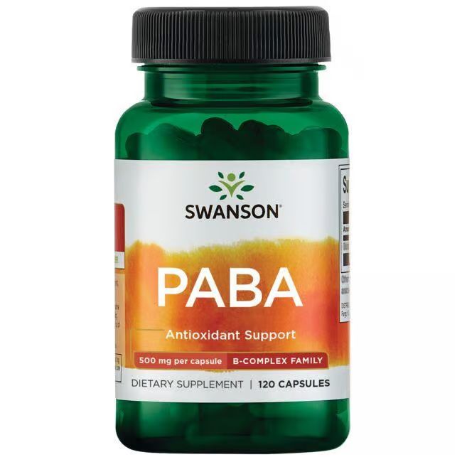 Flacon vert de capsules. Étiquette avec "SWANSON PABA", "Antioxidant Support" et "120 capsules".