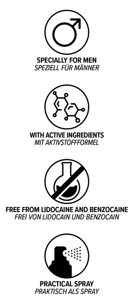 Graphique avec symboles et texte. Spécialement pour hommes, avec ingrédients actifs, sans lidocaïne et benzocaïne, spray pratique.