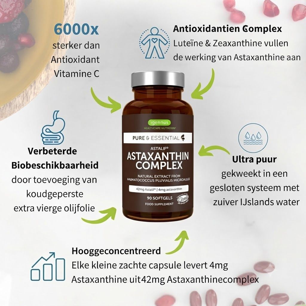 Achterkant van een astaxanthinefles met voedingsinformatie en ingrediënten in het Engels.