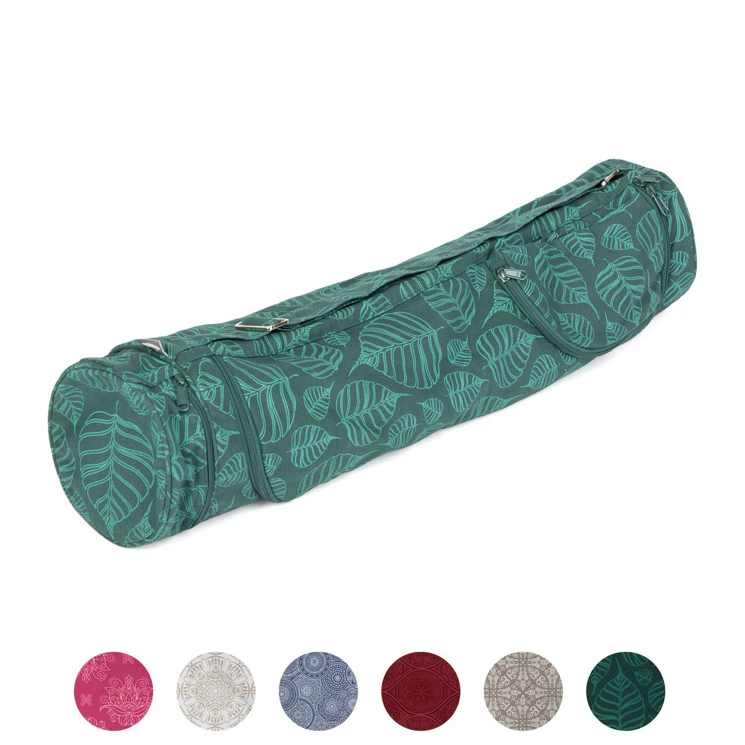 Sac Asana vert à motifs feuilles. Forme cylindrique avec fermetures éclair et bandoulière. Plusieurs variantes de couleurs en arrière-plan.