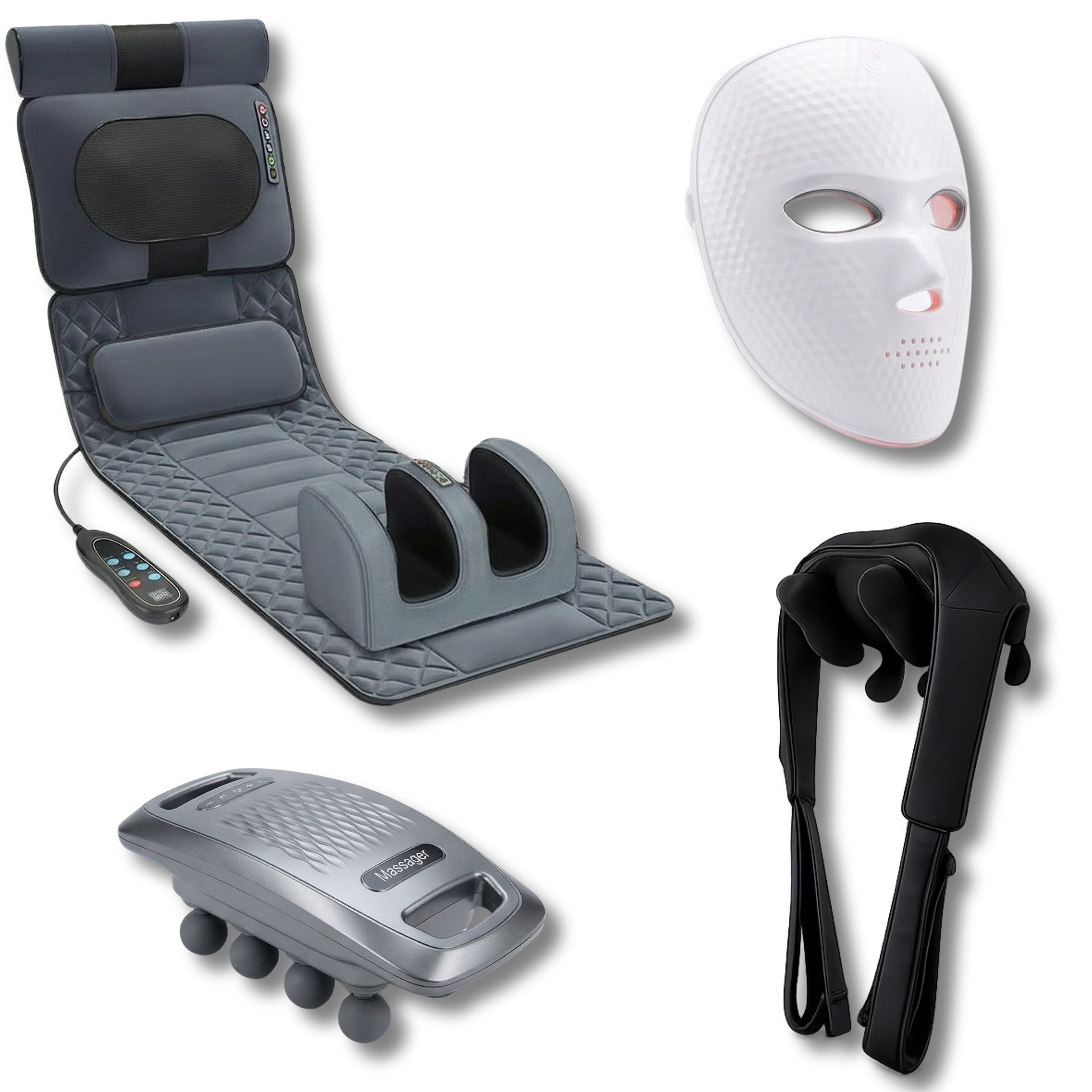 Grijze Shiatsu-massagemat, LED-gezichtsmasker, massagepistool en nekmassager. Diverse wellnessproducten.