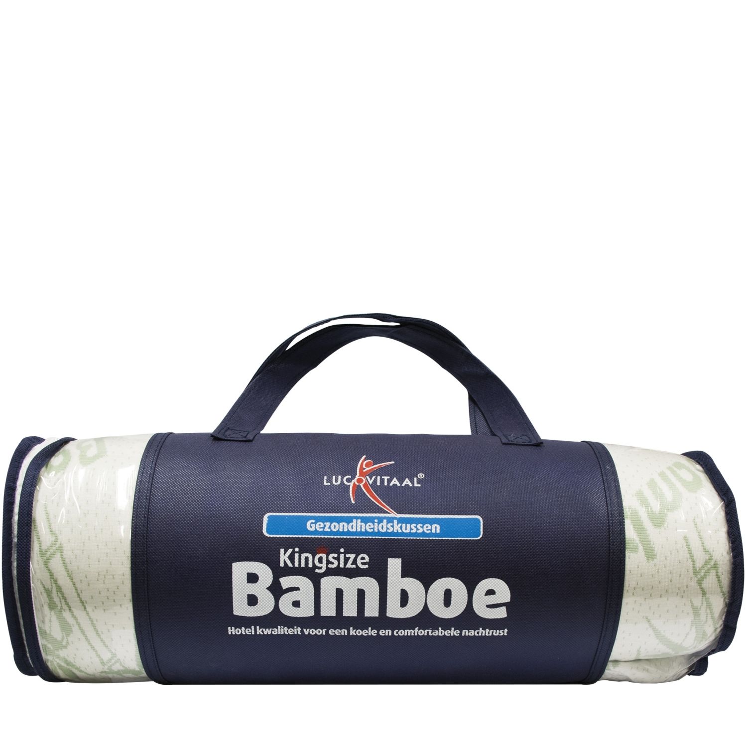 Oreiller en bambou roulé dans un sac de transport bleu. 'Lucovitaal' et 'Bamboe' sont écrits sur le sac.