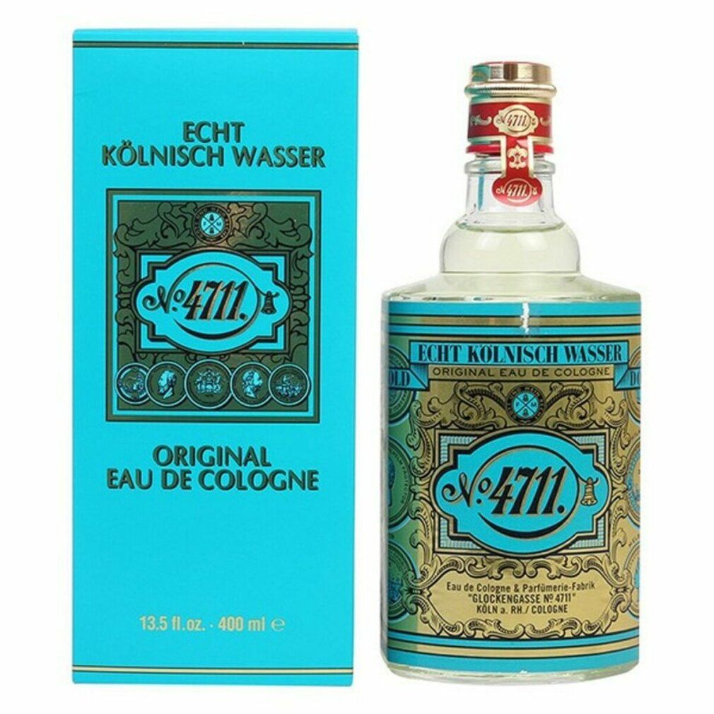 Een fles en een doos eau de cologne. "4711" staat op de fles en de doos. De fles heeft een gouden dop en een rood etiket.