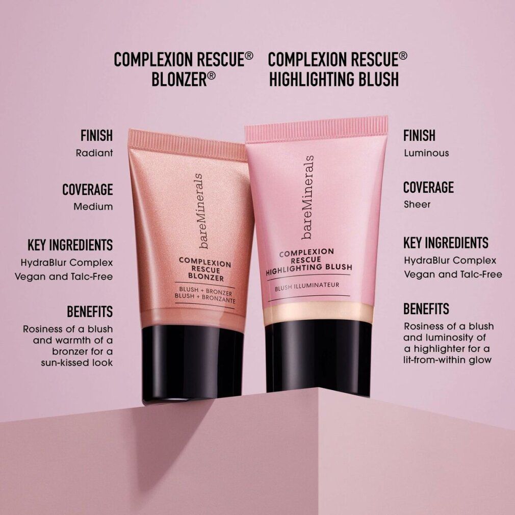 Deux tubes avec informations produit. Inscription: COMPLEXION RESCUE BLONZER et HIGHLIGHTING BLUSH. Texte: Fini, couvrance, ingrédients, avantages.