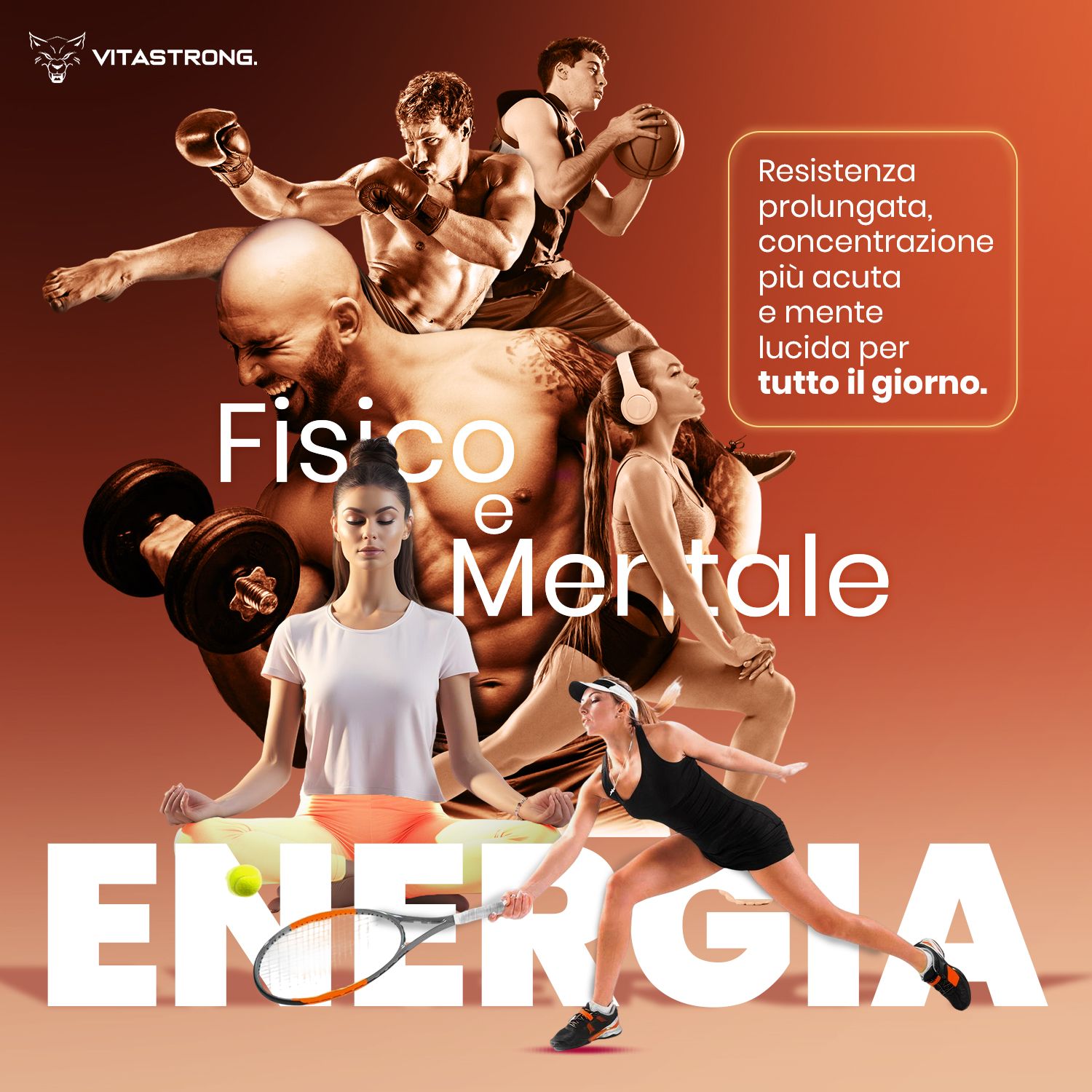 Blikje Vitastrong Energy. Sporters en yoga-beoefenaars. Tekst: Fysiek en mentaal. Energie.