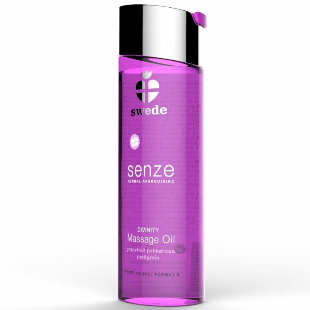 Flacon violet avec bouchon argenté. Inscriptions: swede, senze, Massage Oil. Contient pamplemousse et petitgrain.