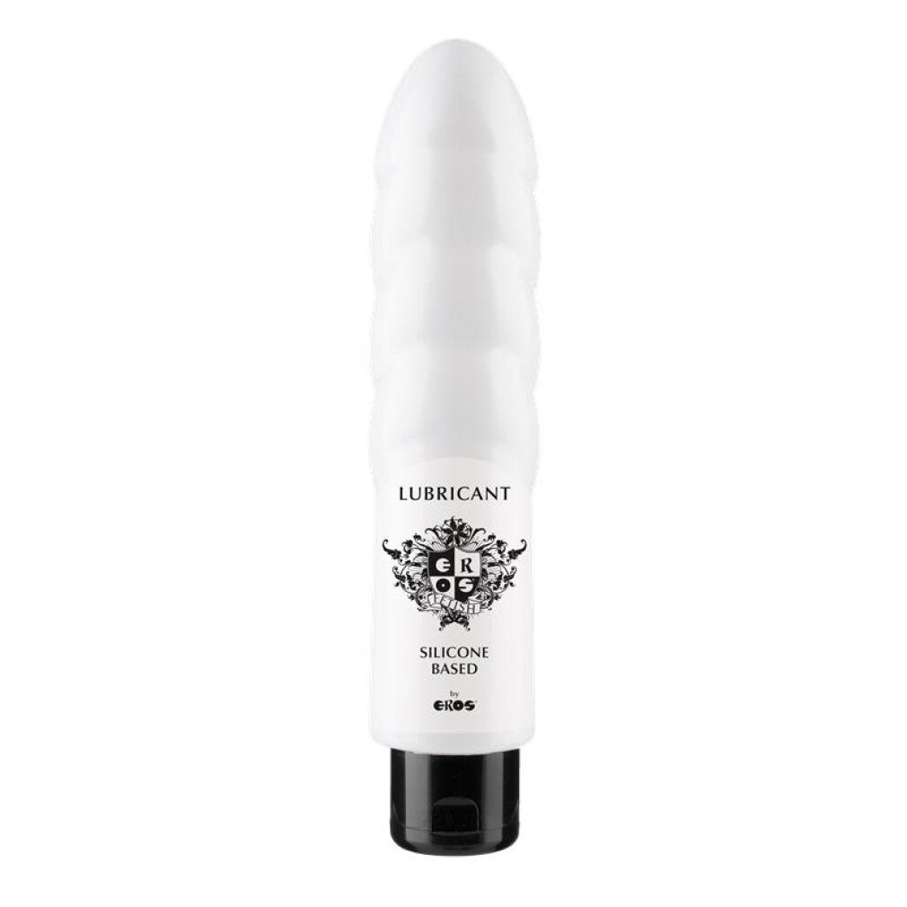 Flacon blanc au design de dildo côtelé, contenant un lubrifiant à base de silicone.