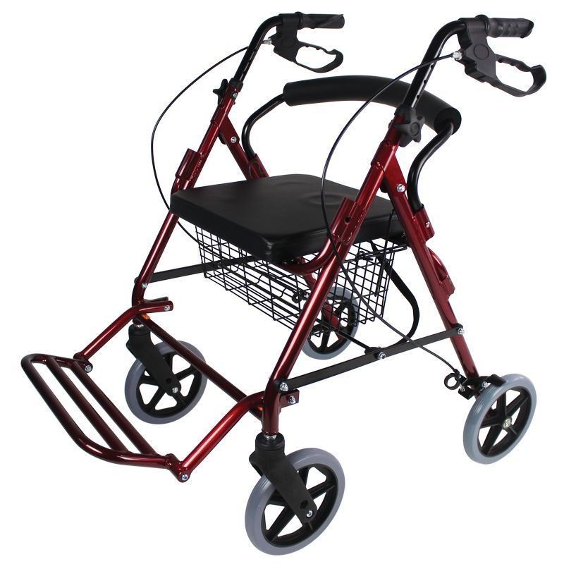 Rode rollator met dubbele functie, gewatteerde zitting, mand en remmen. Vier wielen, voetsteunen.