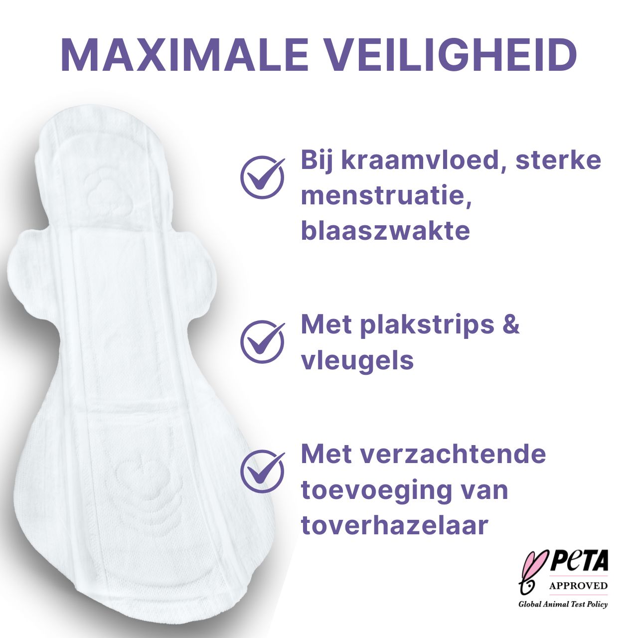 Witte kraamverband met vleugels en kleefstrips. Met toevoeging van toverhazelaar. PETA-logo.