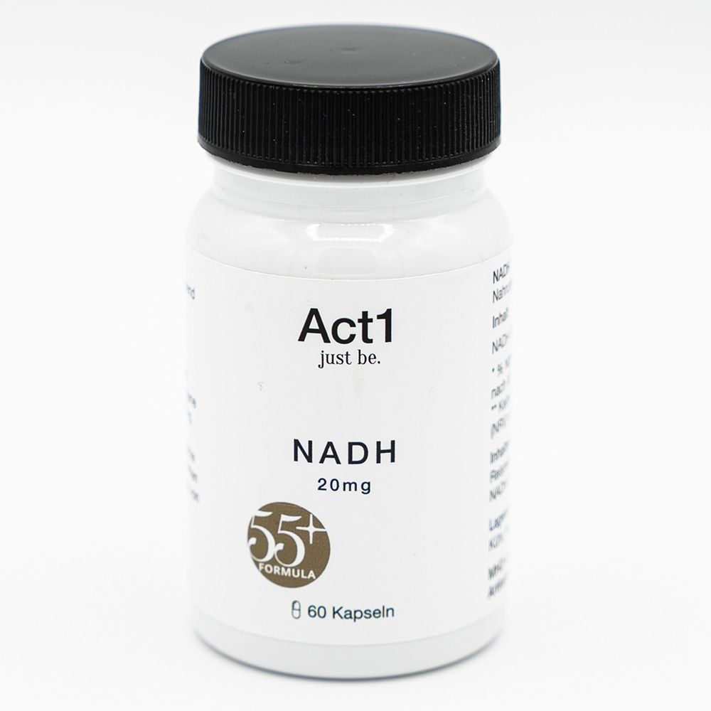 Wit pillenflesje met zwarte dop. Opschrift: Act1, NADH 20mg, 55+ formule, 60 capsules. Productweergave.