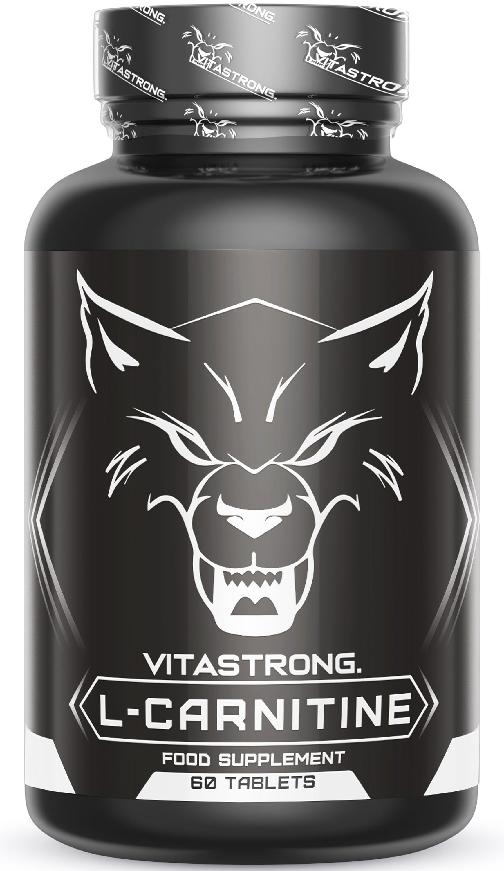 Zwarte L-Carnitine container, 60 tabletten, wolfskop logo.