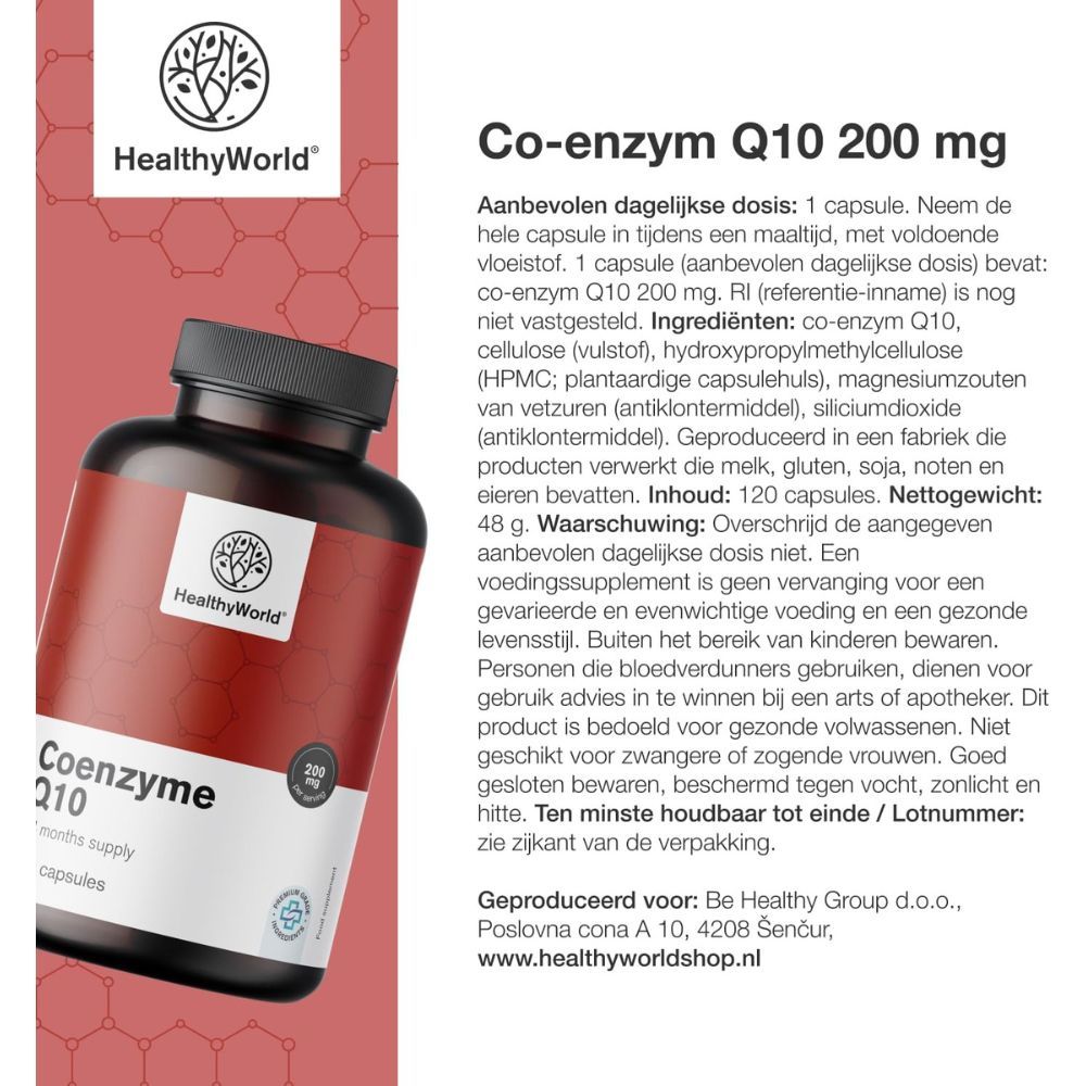 Fles met tekst: HealthyWorld, Co-enzym Q10, 200 mg, 120 capsules. Tekst: Aanbevolen dagelijkse dosis: 1 capsule.