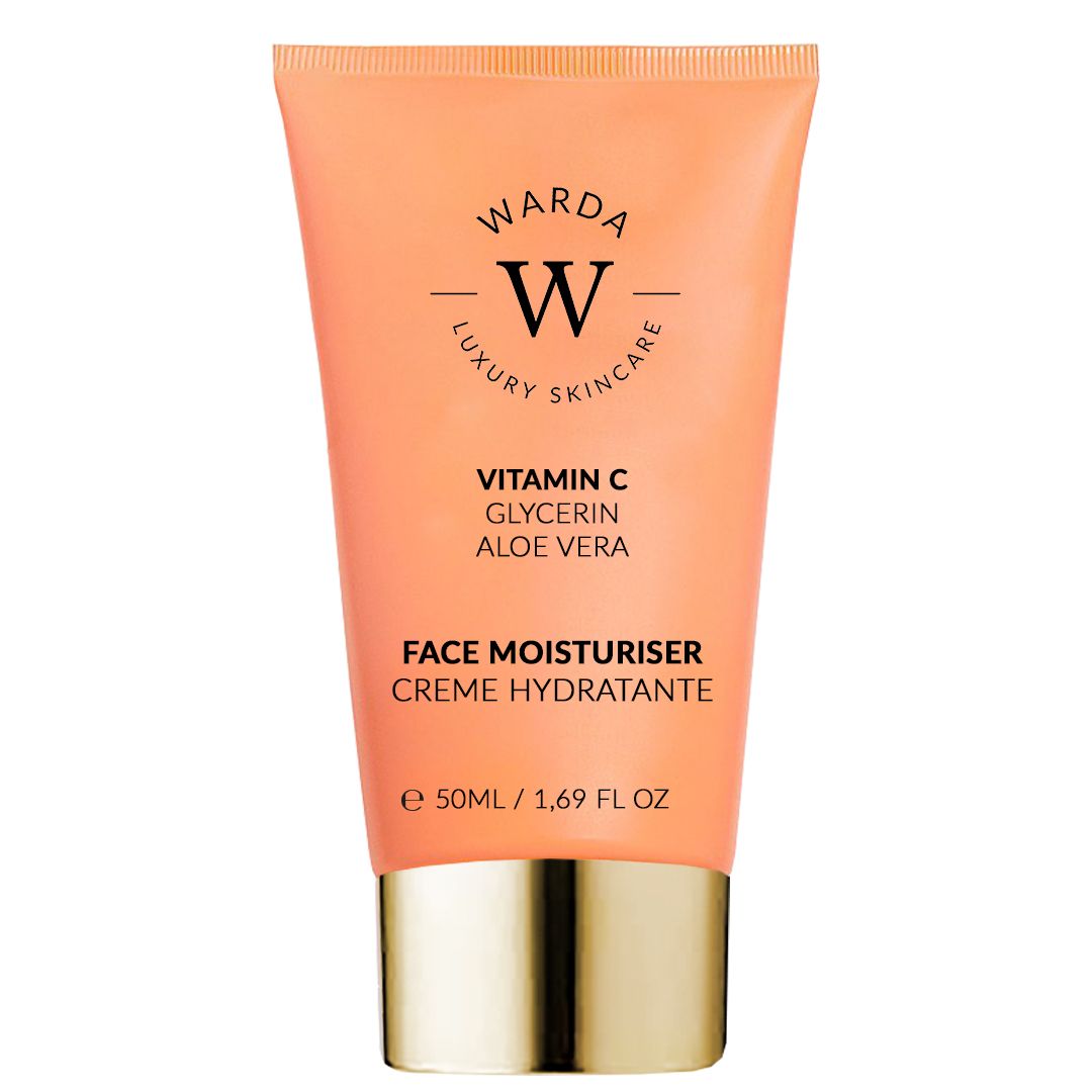 Oranje tube Warda SKIN GLOW BOOST Vitamine C. Ingrediënten: Vitamine C, Glycerine, Aloë Vera. Gezichtscrème. 50ml.