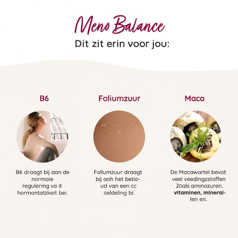 Grafiek met drie cirkels. B6, Foliumzuur, Maca. Tekst over ingrediënten.