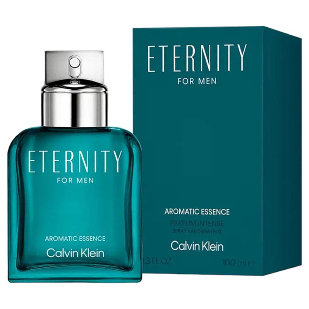 Flacon et emballage turquoise. Inscription: Eternity for Men, Aromatic Essence, Calvin Klein. 100 ml.