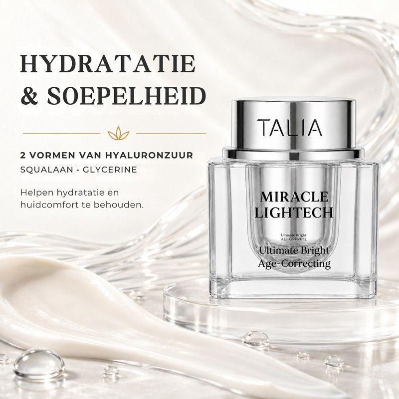 Stappen voor het aanbrengen van Talia Miracle Lightech Age Correcting crème: nemen, aanbrengen, verdelen.