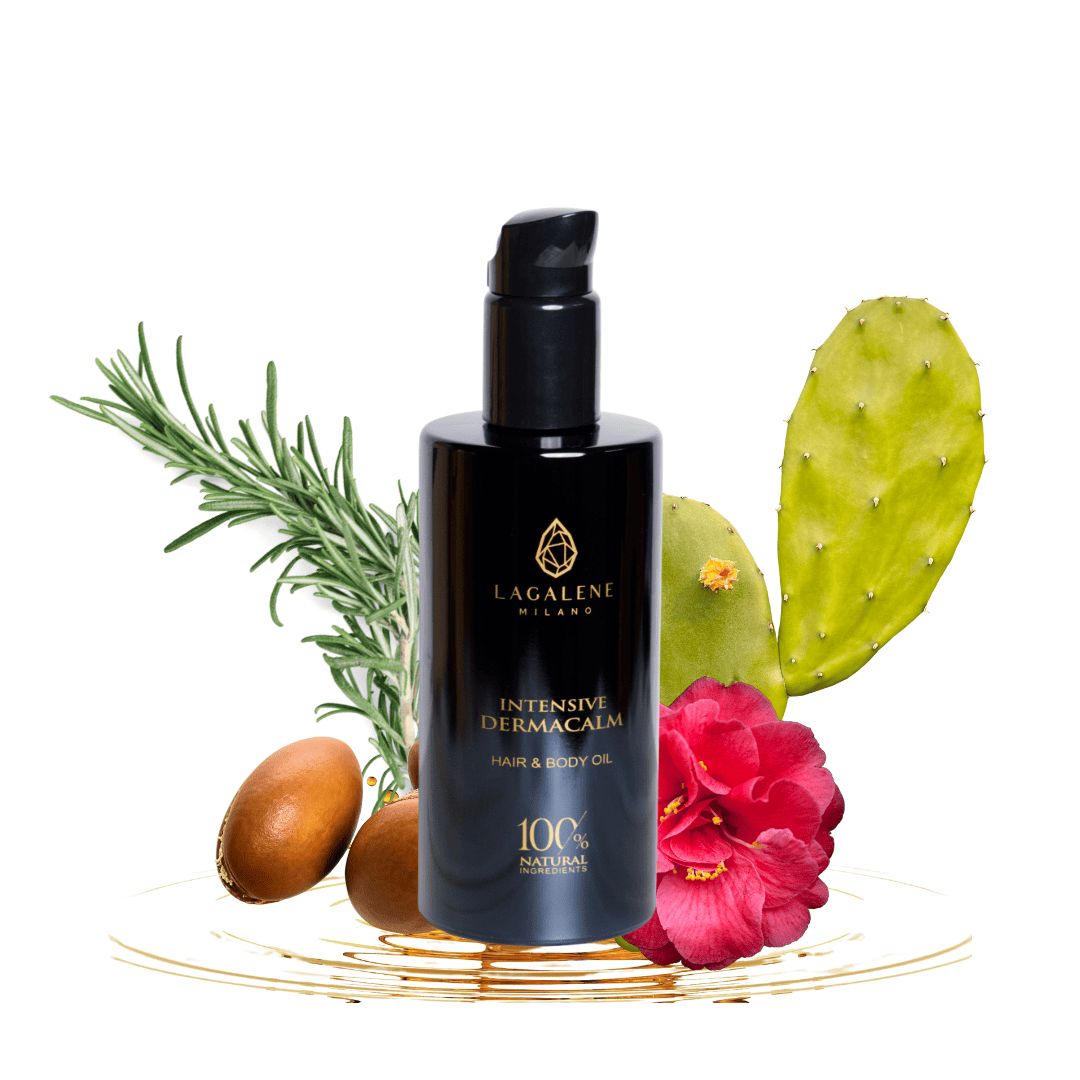 Flacon noir avec inscription: Intensive DermaCalm Oil, 100% Natural. Logo Lagalene Milano. Avec plantes et fruits.