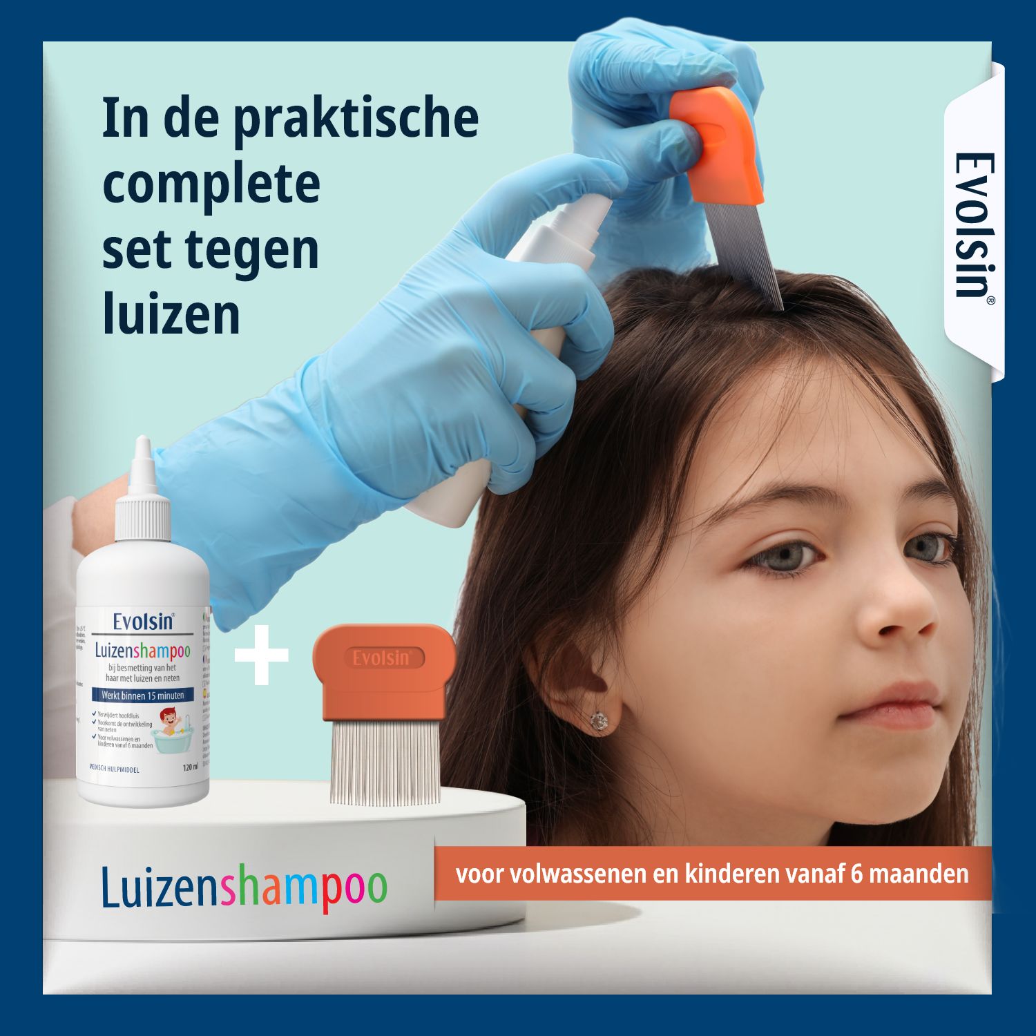 Productverpakking. Tekst: Evolsin Luizenshampoo. Vrij van neurotoxische insecticiden. CE-teken.