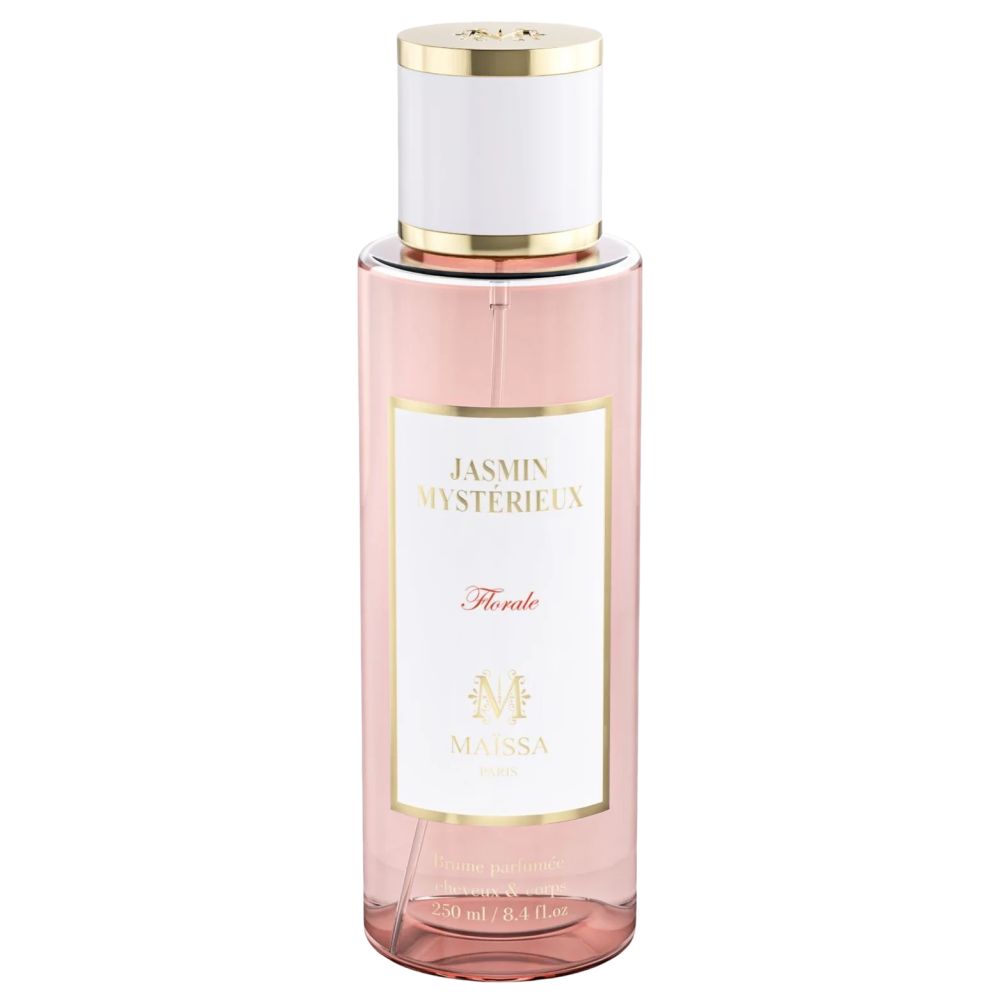 Roze fles met witte dop en gouden details. Etiket met "Jasmin Mysterieux" en "Florale". Merk: Maïssa.