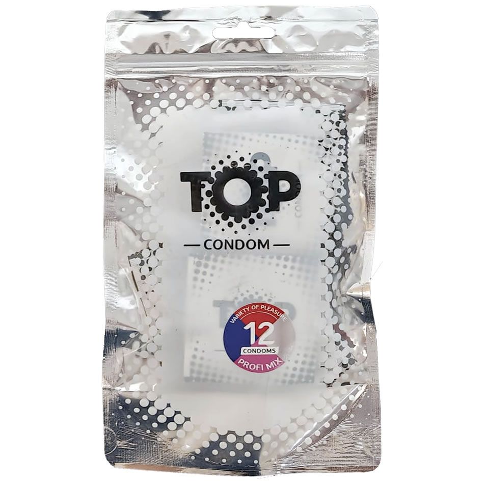 Paquet de préservatifs. Emballage argenté avec logo TOP et inscription CONDOM. 12 préservatifs, PROFI MIX.