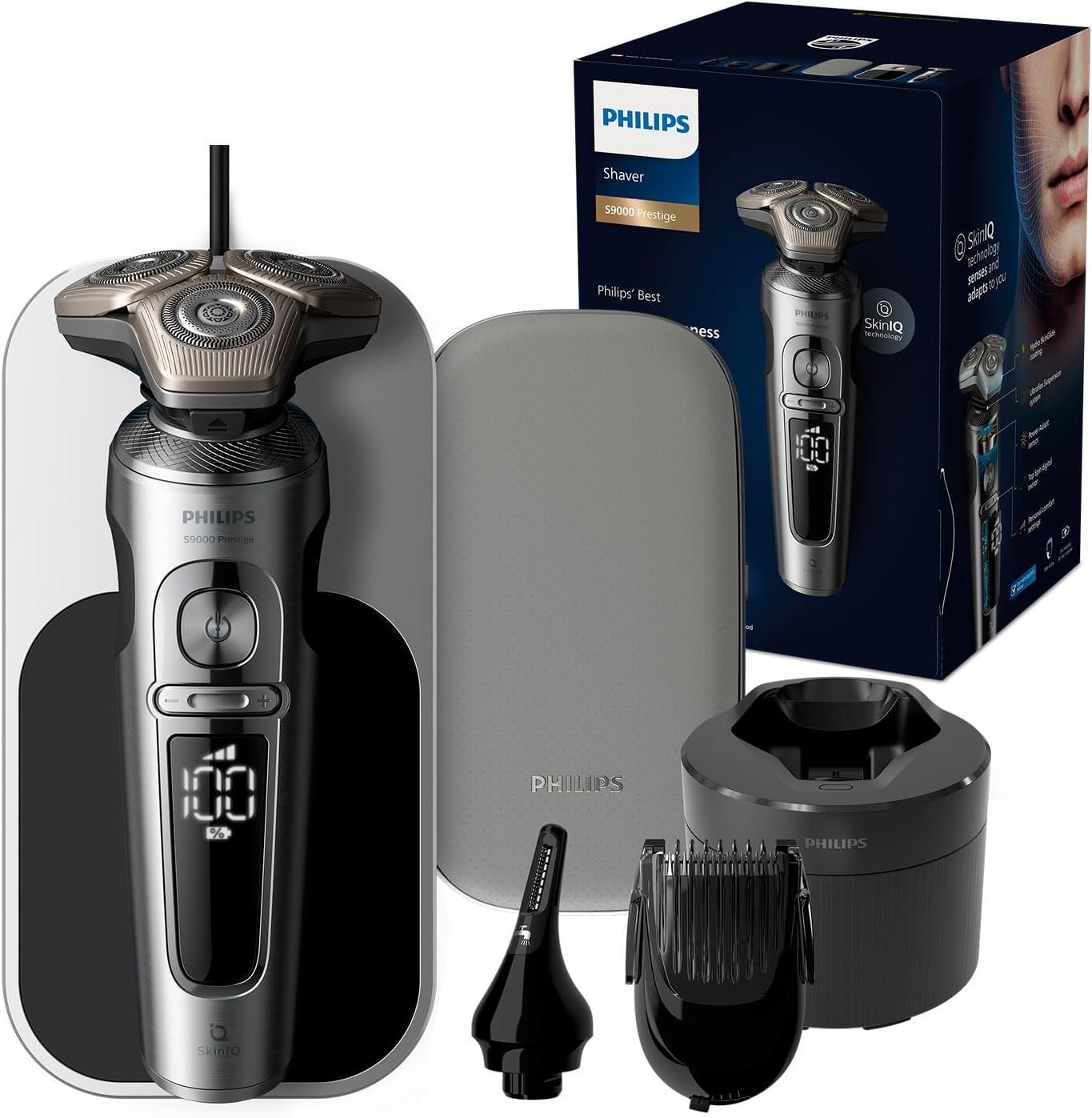 Rasoir avec accessoires : station de charge, étui, tondeuse. Emballage Philips avec image du produit.