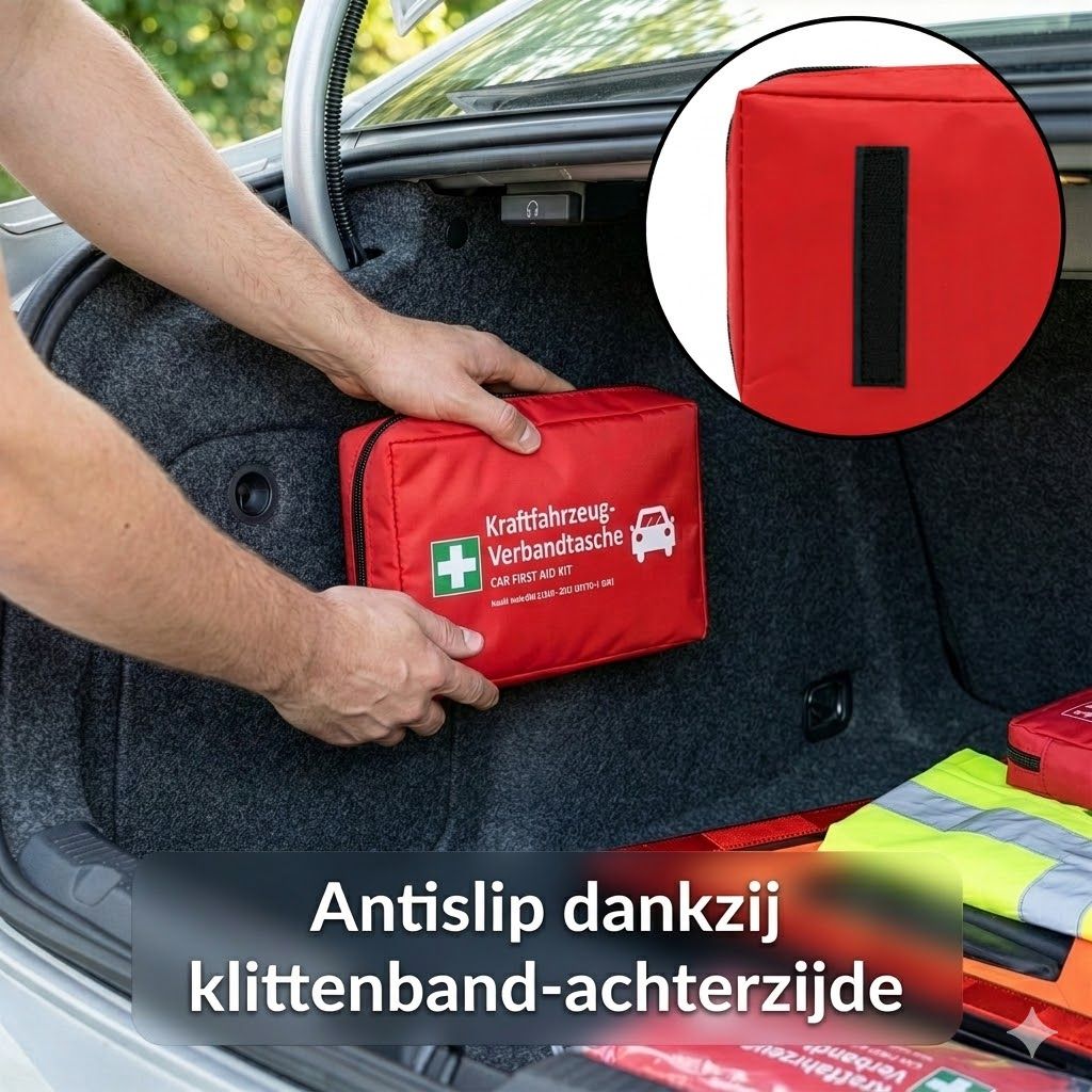 EHBO-tas in de kofferbak. Rode tas met klittenband. Tekst: Antislip dankzij klittenband-achterzijde.